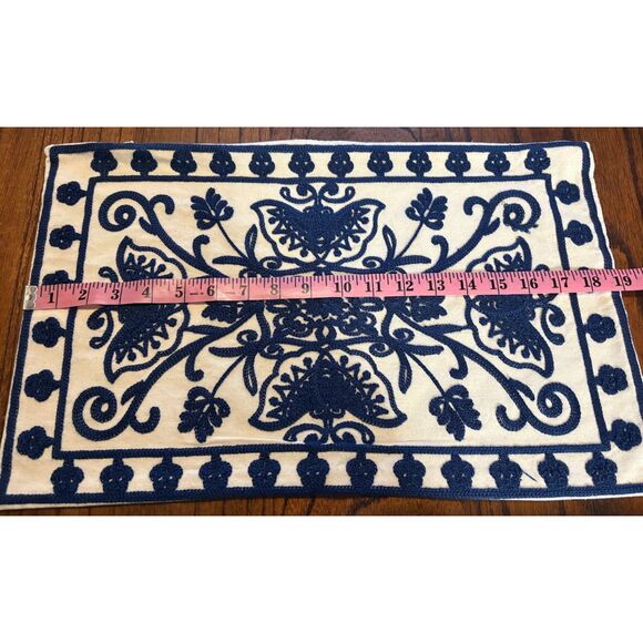 Traditional Lumbar Pillow Cover 19x12 Blue Cream Embroidered Boho Cottage Decor - Picture 5 of 6